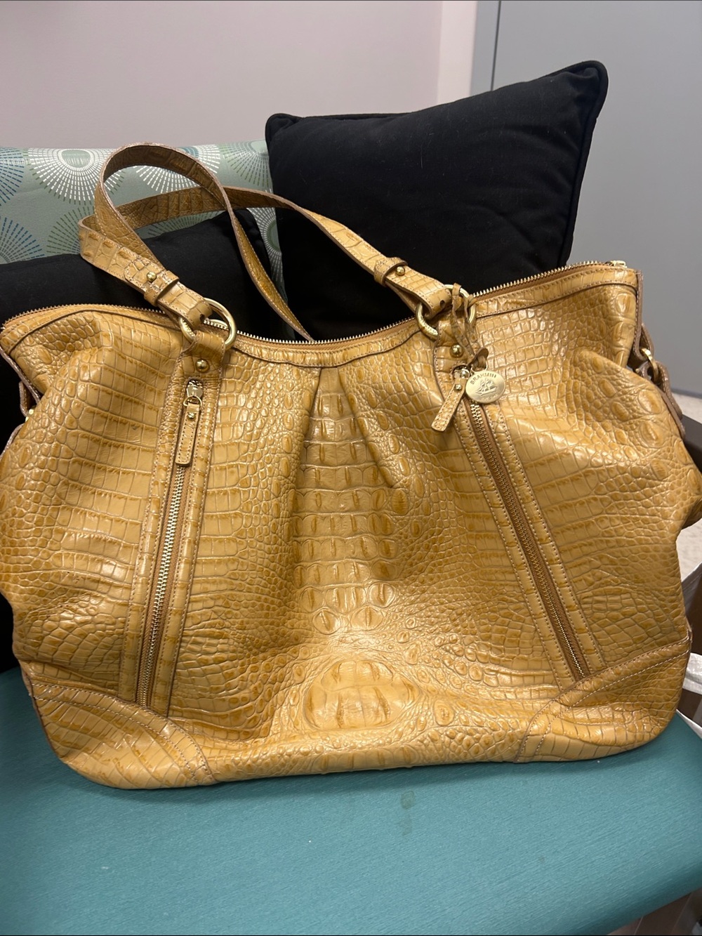 Brahmin Croc-Embossed Tote Bag in Mustard Yellow/Tanish color